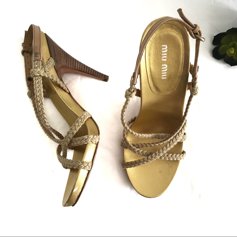 Miu miu gold strappy macrame rope sandals / heels